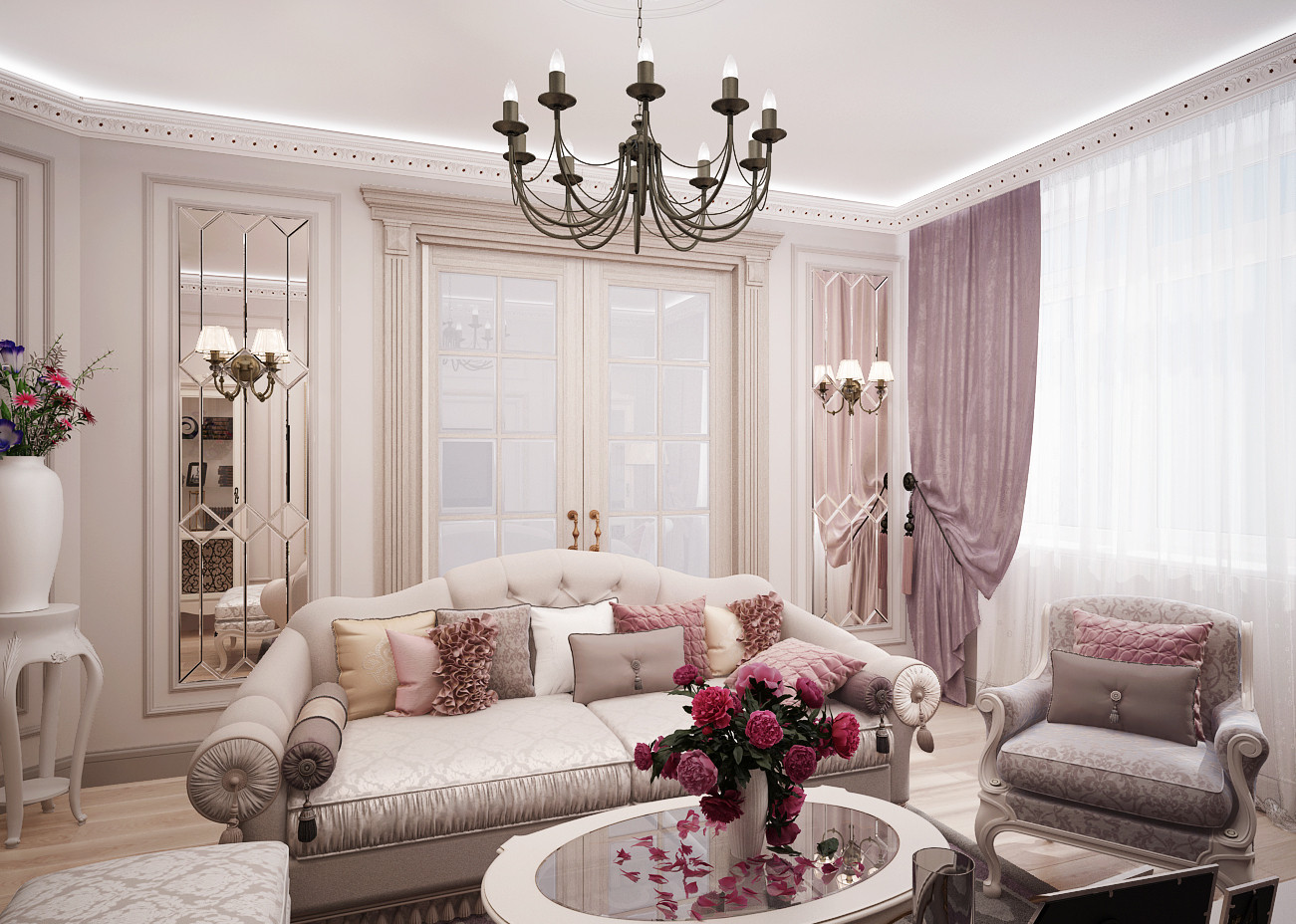 Гостиная в розовых тонах в классическом стиле