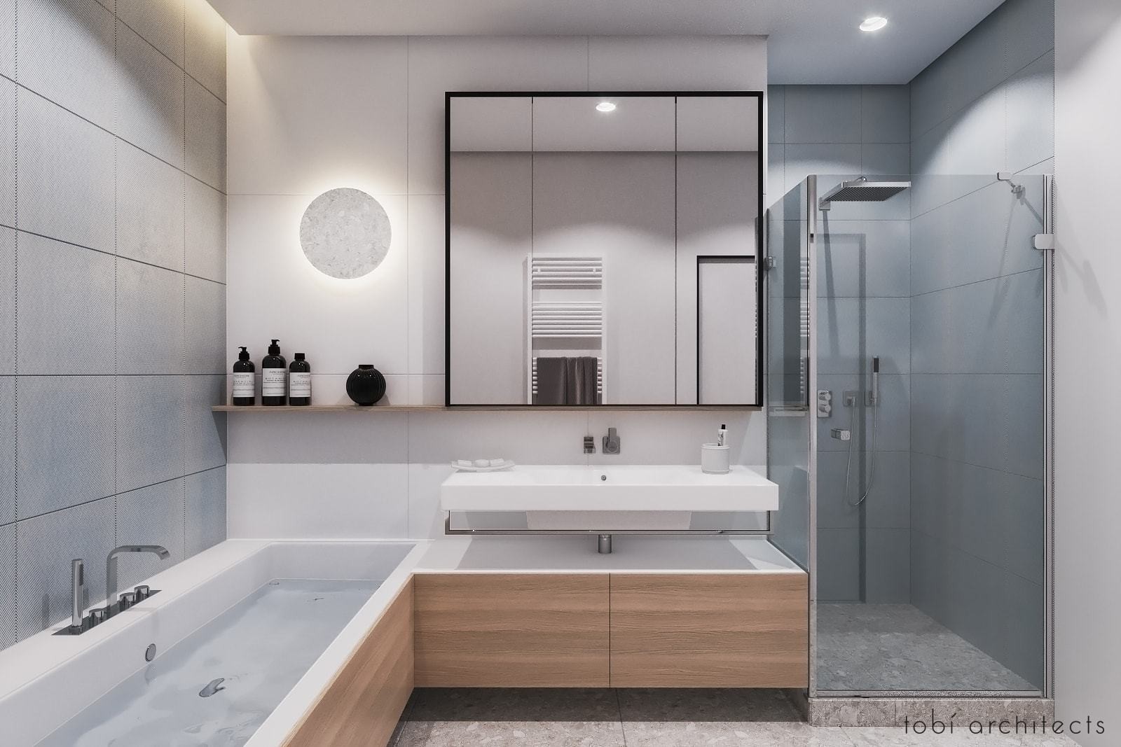 Большая ванная комната с двумя окнами в стиле Минимализм 2022