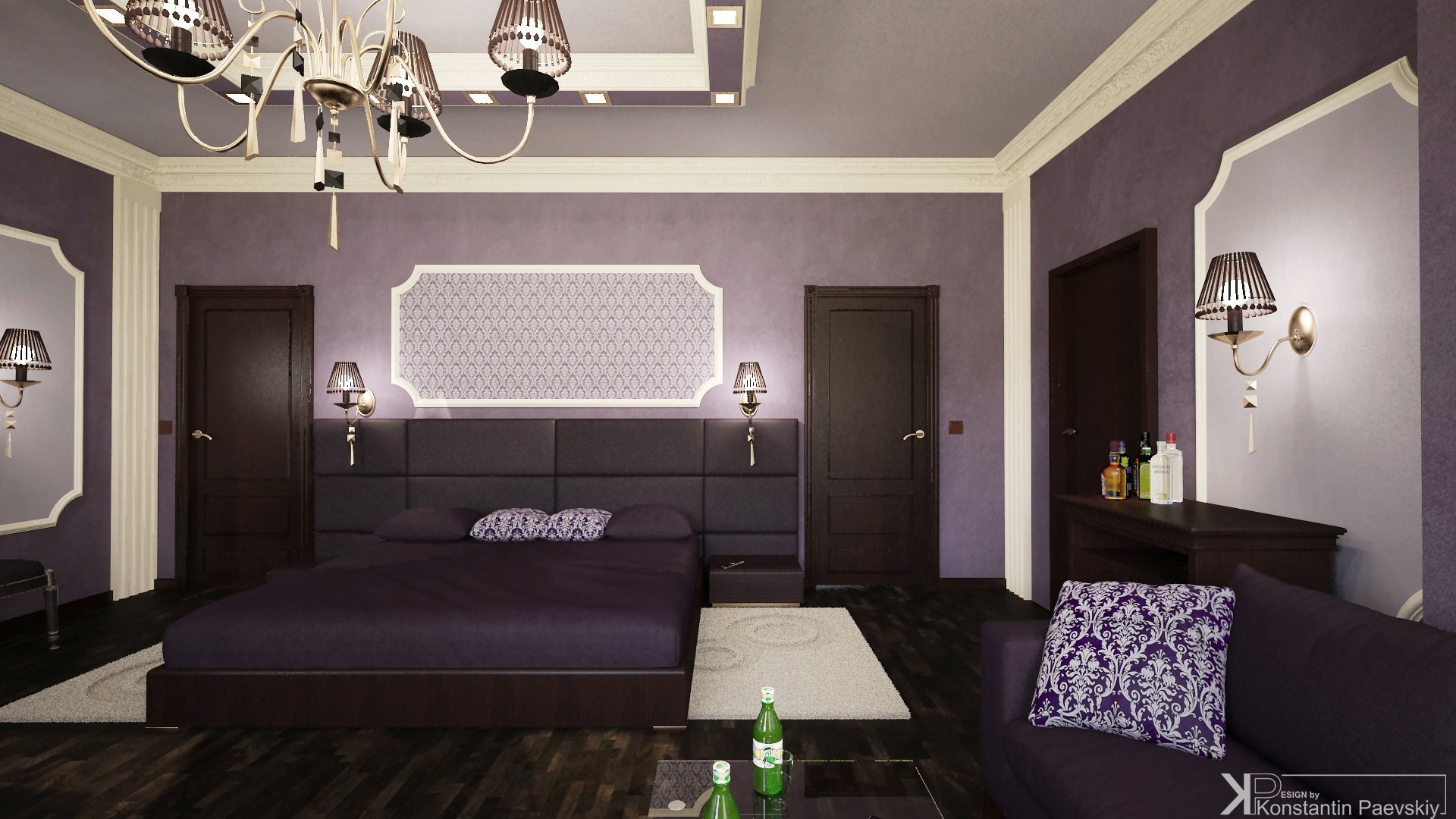 фиолетовая комната с коричневой мебелью